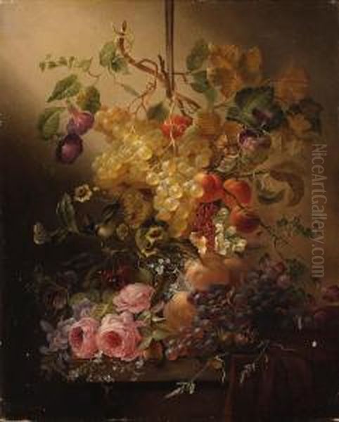 Flowers, Fruit, A Bird And Butterflies On A Table Oil Painting by Jean-Baptiste Robie