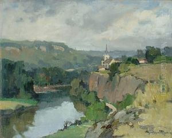 L'xonne, Pres De Villeneuve; River Landscape Oil Painting by Georges Charles Robin