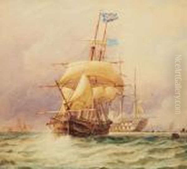 A Merchantman Under Reduced Sail With A Man O' War Beyond Oil Painting by Thomas Sewell Robins