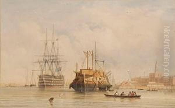 Prison Hulk And Naval Vessels In Portsmouthharbour Oil Painting by Thomas Sewell Robins