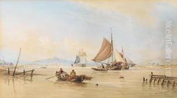 Barges And A Trading Brig At Work In Anestuary Oil Painting by Thomas Sewell Robins