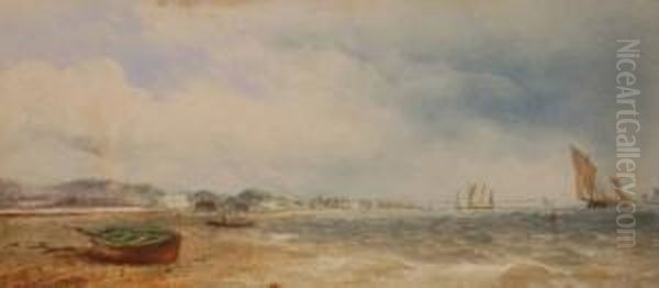 Extensive Coastal View With Shipping Oil Painting by Thomas Sewell Robins