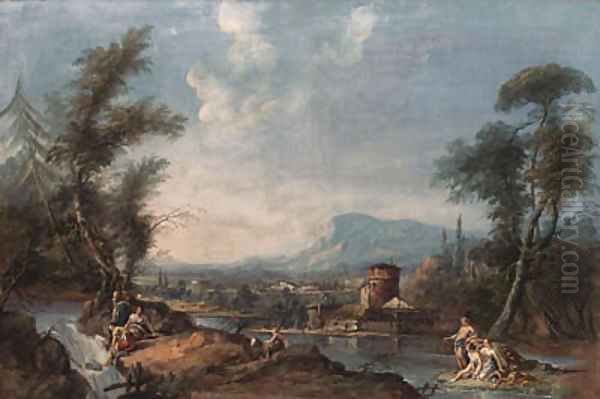 A classical landscape with a fisherman Oil Painting by Gaspare Diziani