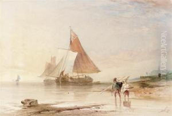 Figures By The Shore, With Fishing Boats Beyond Oil Painting by Thomas Sewell Robins