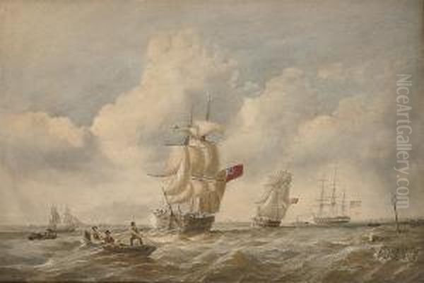 Two Merchantmen Heading Up An 
Estuary With An American Three-masterbeing Towed Out To Sea Oil Painting by Thomas Sewell Robins