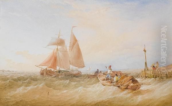 A Dutch Hoy Close Inshore, With Cargo Comingaboard Oil Painting by Thomas Sewell Robins