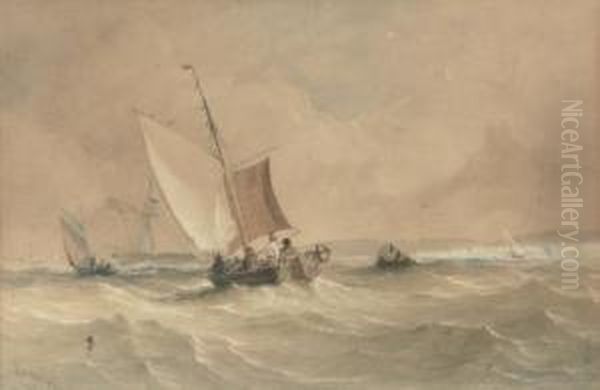 Fishing Craft In Coastal Waters Oil Painting by Thomas Sewell Robins