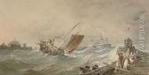 A Vessel In Difficulty Off Aber 
Sands, Near Bangor, North Wales (illustrated); And Bringing In The Day's
 Catch Oil Painting by Thomas Sewell Robins