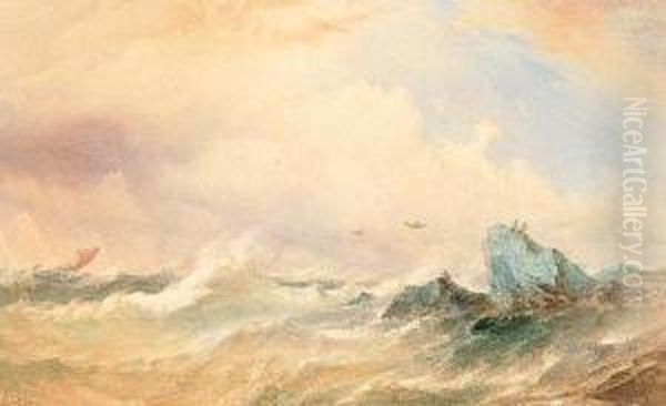 Sailing Vessel In Squally Seas Off A Rocky Coast Oil Painting by Thomas Sewell Robins