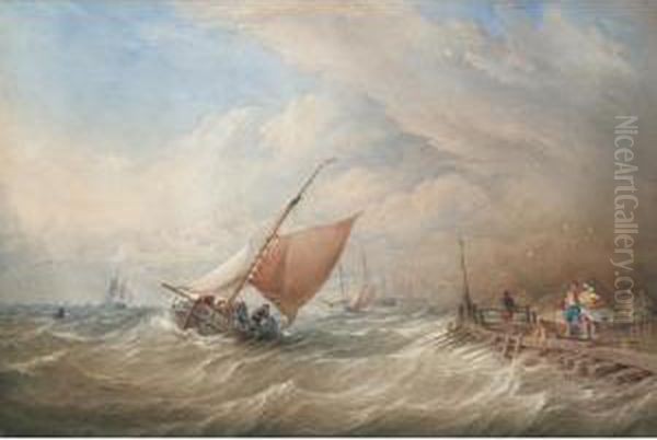 A Barge Entering Harbour Oil Painting by Thomas Sewell Robins