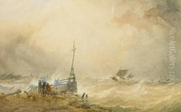 Ships Battling Against The Storm. Oil Painting by Thomas Sewell Robins