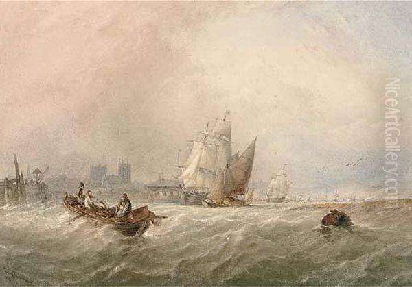 Fishermen Hauling In Their Nets On The Medway Amidst Other Shipping Oil Painting by Thomas Sewell Robins