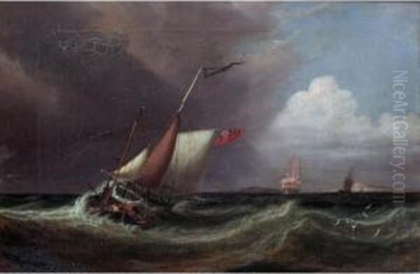 Ships In Stormy Seas Oil Painting by Thomas Sewell Robins