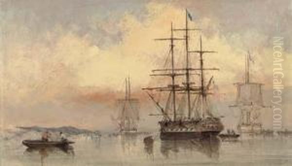 Shipping In A Calm Off Gilkicker Point (illustrated); And Shippinganchored Off Spithead by Thomas Sewell Robins