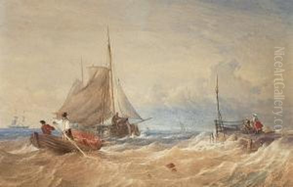 Vessels In Choppy Waters Off The Coast Oil Painting by Thomas Sewell Robins