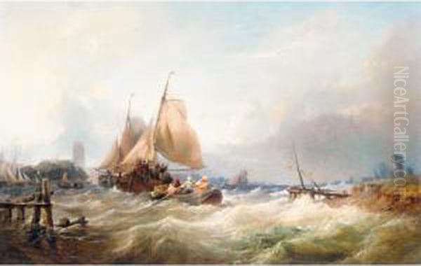 Bringing In The Lobster Pots In Heavy Seas Oil Painting by Thomas Sewell Robins