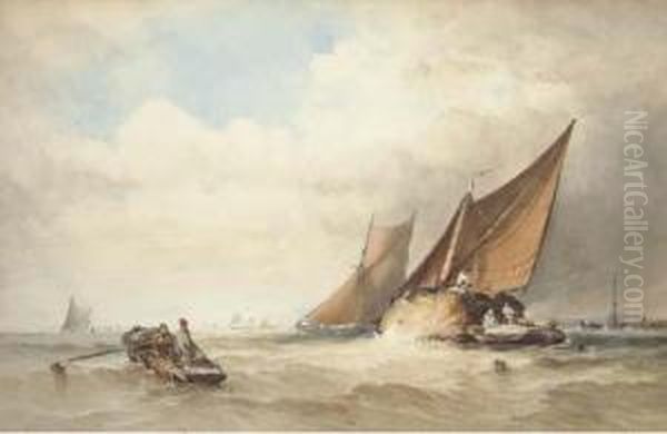 Hay Barges In Close Quarters Off The Coast Oil Painting by Thomas Sewell Robins