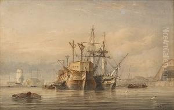 A Frigate Refitting Alongside A Hulk In Devonport Oil Painting by Thomas Sewell Robins