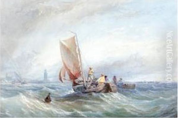 Fishing Boats In Choppy Seas Off The Coast Oil Painting by Thomas Sewell Robins