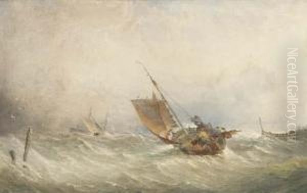 A Fishing Smack In High Seas Oil Painting by Thomas Sewell Robins