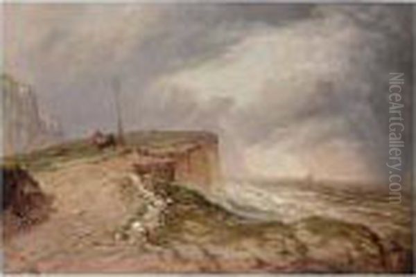 On The Cliffs In Stormy Weather Oil Painting by Thomas Sewell Robins