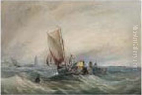 Fishing Boats Off The Coast Oil Painting by Thomas Sewell Robins