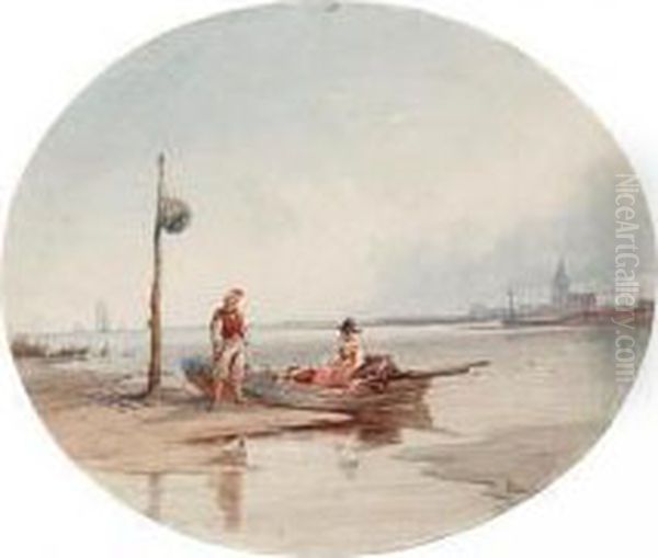 Figures By A Rowing Boat On The Shore Oil Painting by Thomas Sewell Robins