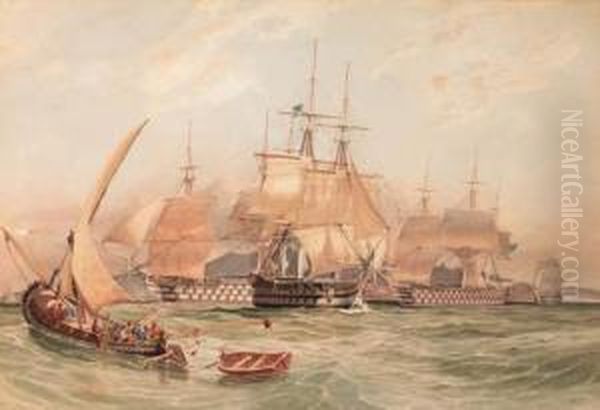 The Fleet Making Sail Off A Mediterranean Port, Thought To Begibraltar Oil Painting by Thomas Sewell Robins