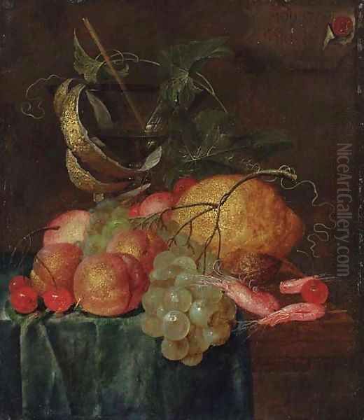 A still life with shrimp, grapes, cherries, peaches and a glass goblet on a partially covered table Oil Painting by Isaac Van Duynen