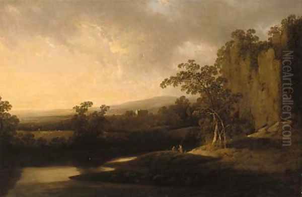 An extensive river landscape with anglers in the foreground and houses beyond Oil Painting by Josepf Wright Of Derby