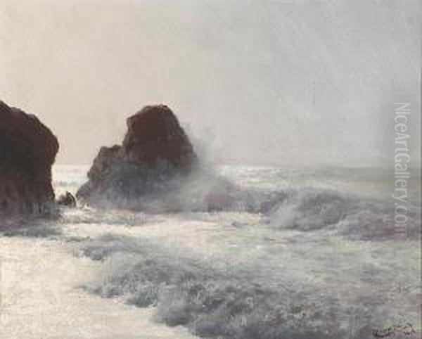 Waves Crashing On A Rocky Shore Oil Painting by Charles Robinson