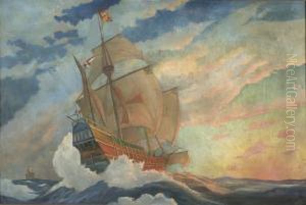 Spanish Galleon At Sea With Sunset Sky Oil Painting by Charles Robinson