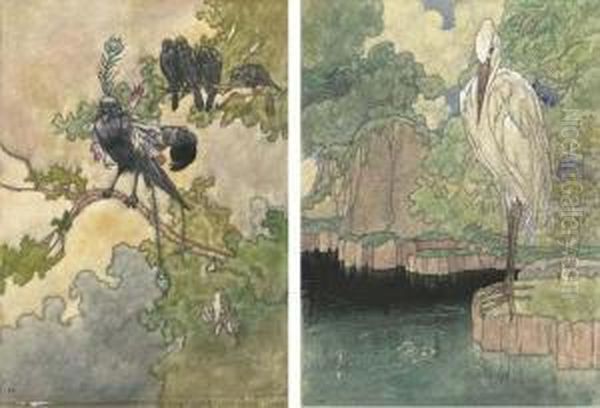 Illustrations For Aesop's 
Fables: The Jackdaw And The Birds; Andthe Heron (both Illustrated) Oil Painting by Charles Robinson