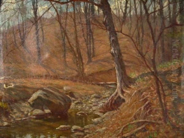 Fall Landscape With River And Rock Oil Painting by Hal Robinson