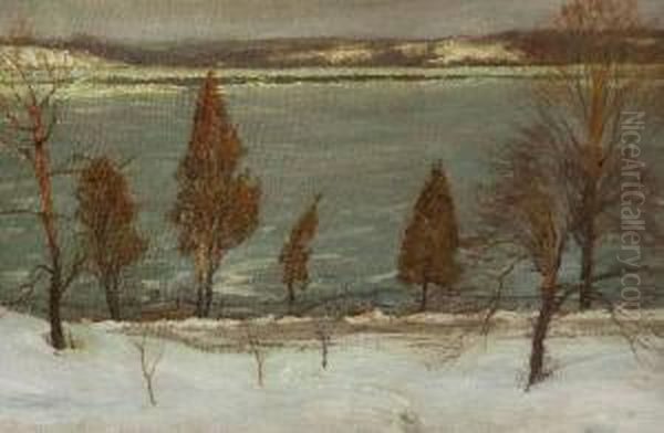 Hal Robinson . Snow Scene Along River, Signed Lower Left Oil Painting by Hal Robinson