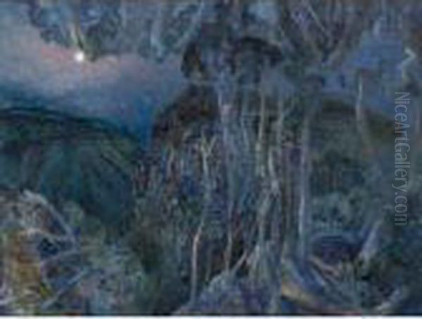 Purling Brook Gorge, Moonlight Oil Painting by William Robinson