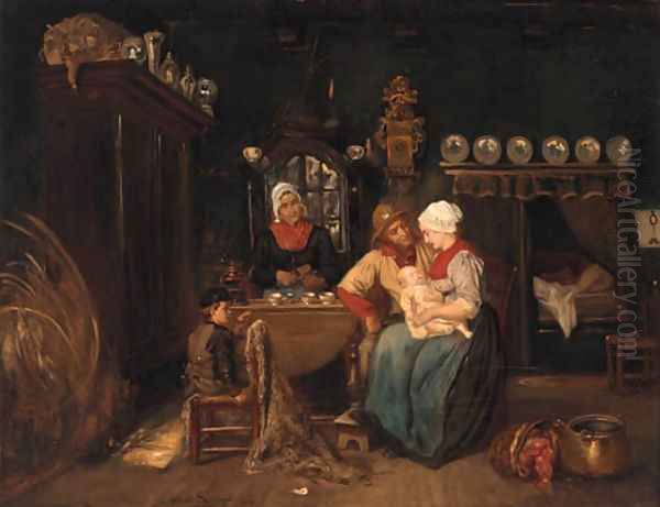 A family in a kitchen interior Oil Painting by Albert Dillens