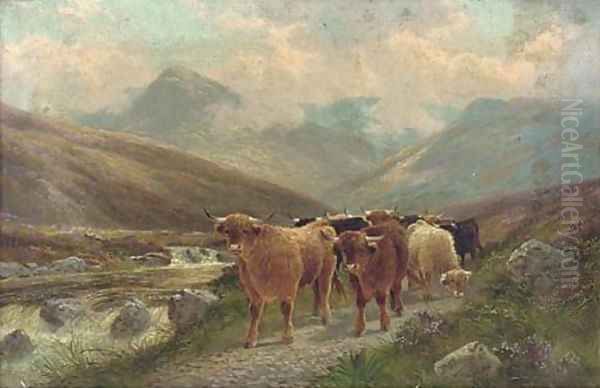 Highland cattle by the Beauly river Oil Painting by Albert Dunnington