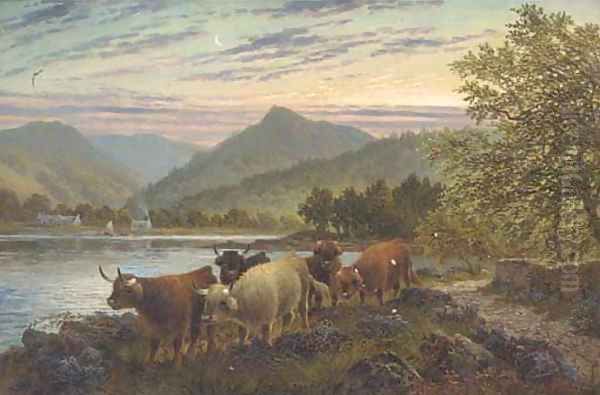 Cattle on the waters edge at Brodick, Arran Oil Painting by Albert Dunnington