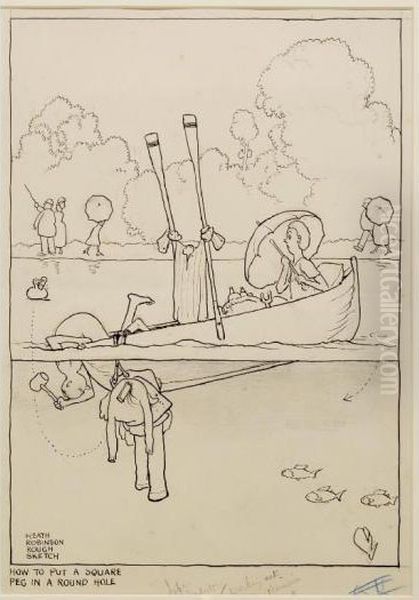 How To Put A Square Peg In A Round Hole Oil Painting by William Heath Robinson