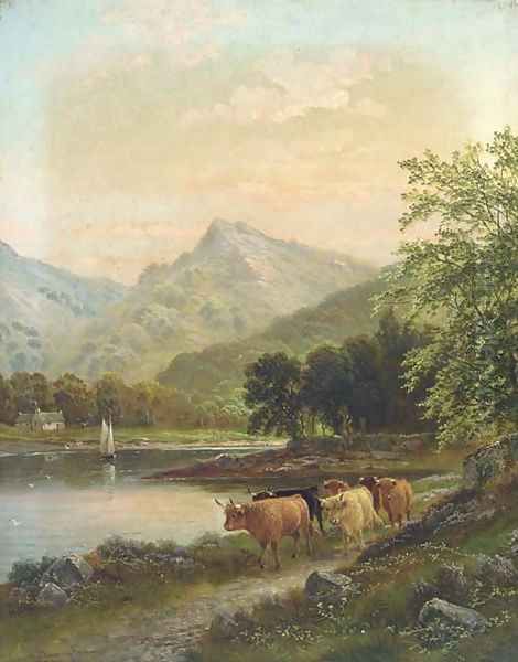 Highland cattle by a river Oil Painting by Albert Dunnington