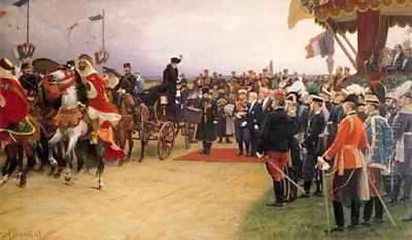 President Emile Loubet 1838-1929 Welcoming Tsar Nicolas II 1894-1917 and the Empress Alexandra 1872-1918 to the Camp at Betheny Oil Painting by Albert Pierre Dawant