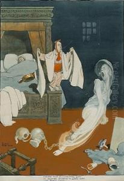 Clever Ruse Of Christmas Guest In Haunted Bedroom To Scare Away The Family Ghost Oil Painting by William Heath Robinson