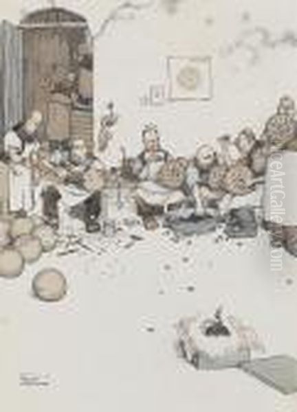 The Plum-pudding Factory, Munitions Forxmas Oil Painting by William Heath Robinson