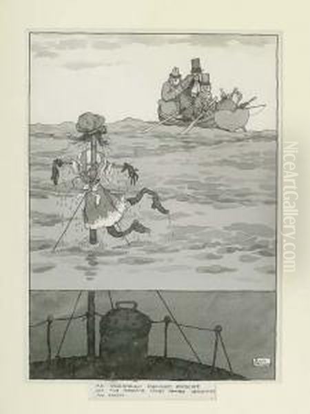 An Ingeniously Disguised Periscope Off The Marget Coast Observing An Enemy Oil Painting by William Heath Robinson