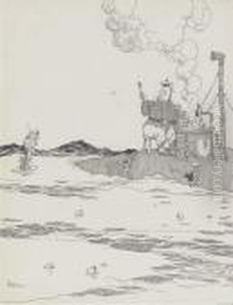 A Noble U-boat Commander Sharing His Rations With A Famishedhake Oil Painting by William Heath Robinson