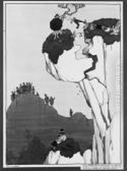 High Minded Youth Imperilling 
His Sense Of Modesty To Avert Animpending Disaster To A Prominent Member
 Of Tyrolean Society Oil Painting by William Heath Robinson