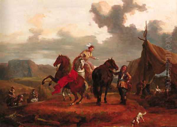 Travellers asking directions on a country track; and Elegant riders at a gypsy encampment Oil Painting by Eustache Francois Duval