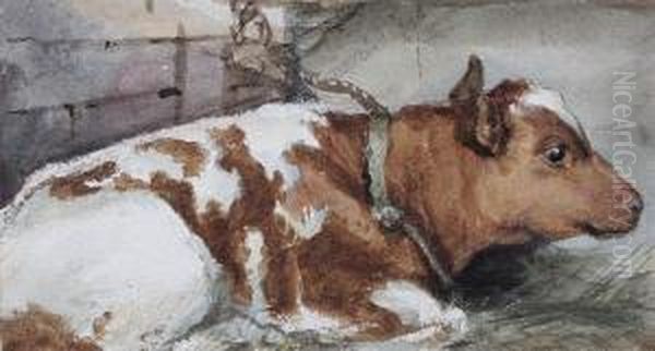 Cow Resting In A Byre Oil Painting by Francois Theodore Rochard