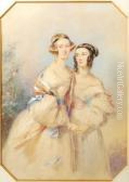 Portrait Of Two Sisters Oil Painting by Francois Theodore Rochard